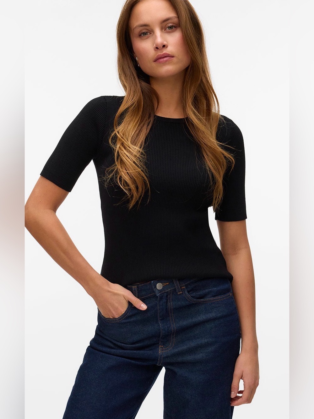 Vero Moda Dea Ribbed Short Sleeve Sweater, Black NWT Size M